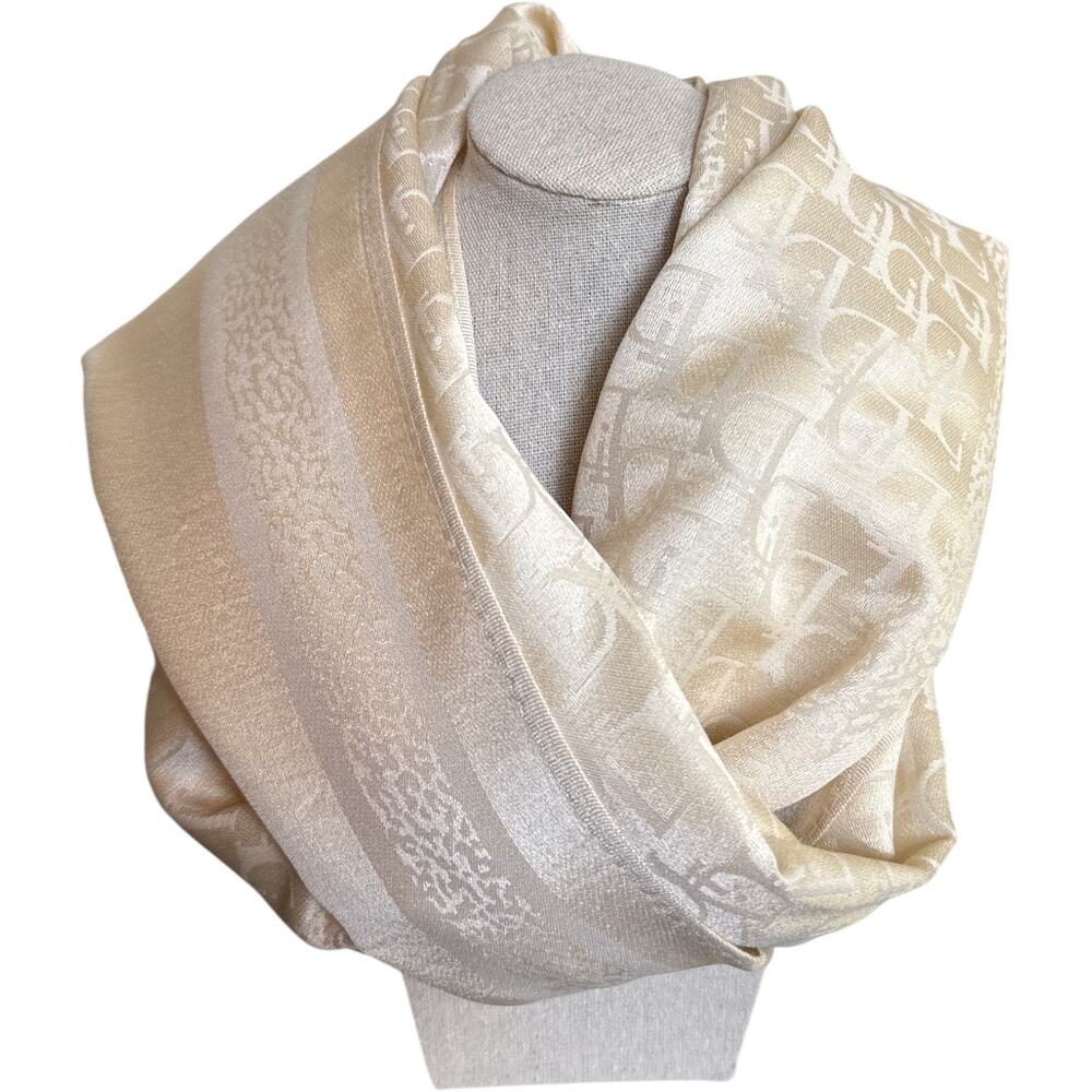 Ivory Beige Monogram Jacquard Pashmina Shawl Wrap Scarf 28x70 NWT